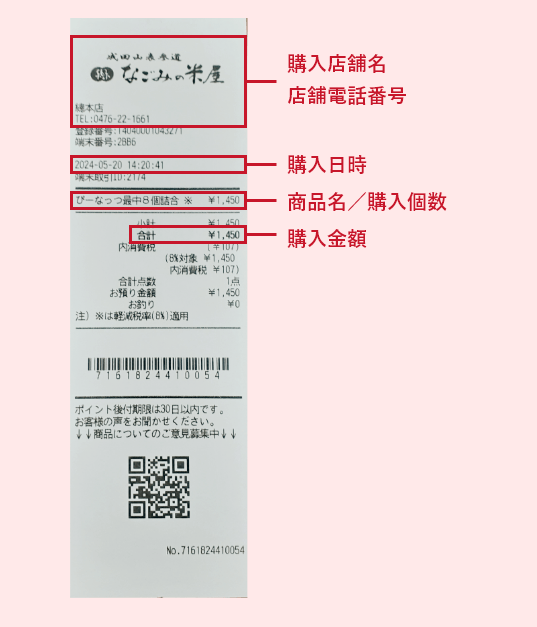 レシートは、購入店舗・店舗電話番号・購入日時・商品名・合計金額が分かるように撮影してください